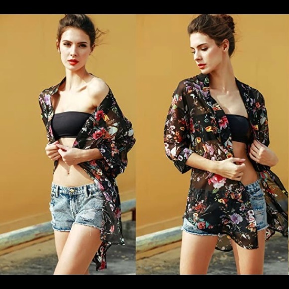 NWOT OBOE Black Boho Floral Open Kimono - Picture 9 of 9